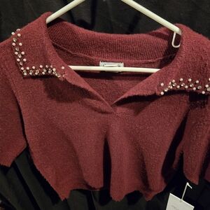 Red Knit Sweater with Pearl Accents